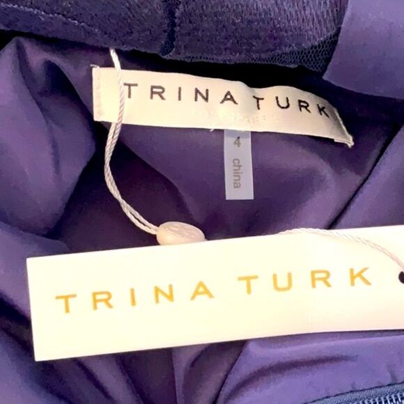 TRINA TURK NWT ENGAGING BELL SLEEVE MESH EMBROIDERY BACK SHEATH DRESS PURPLE 4 - Picture 11 of 12